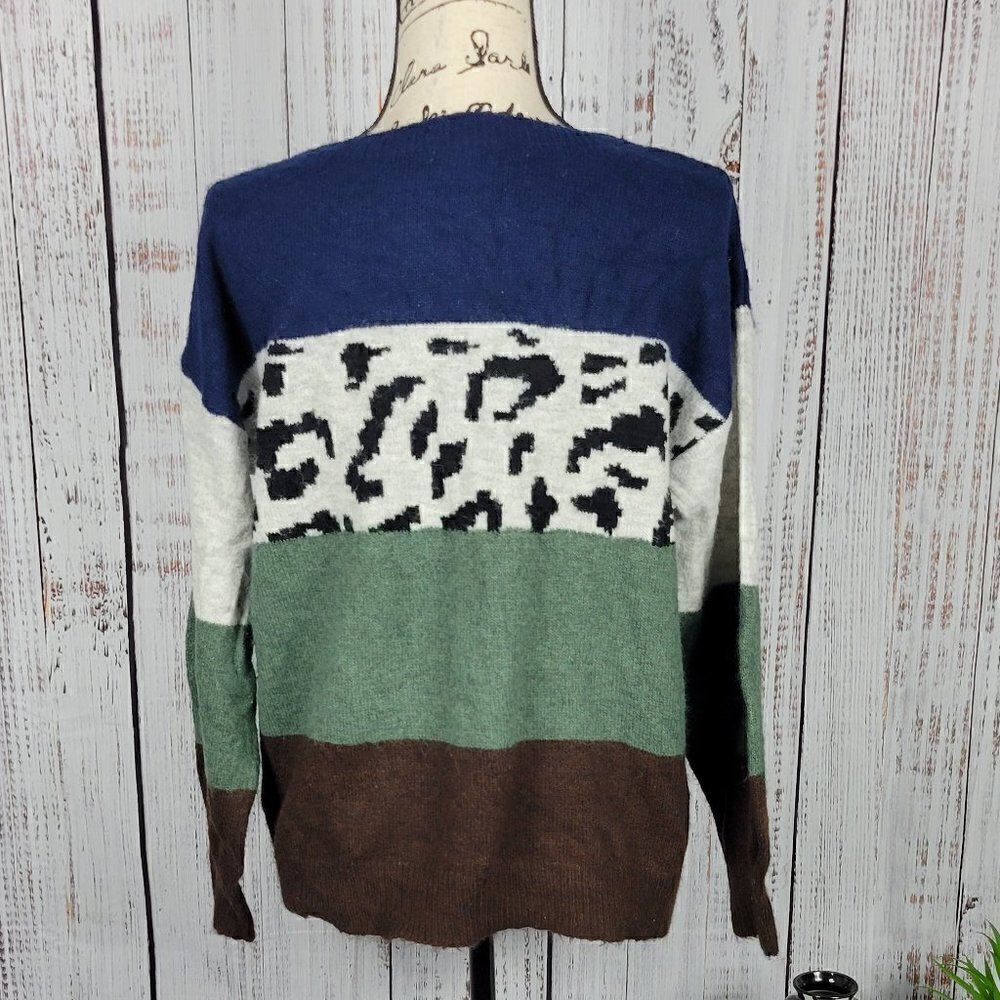 P.S. Love M/L Fuzzy Loose Fit Striped Color Block Cheetah Animal Print Sweater - Picture 4 of 7